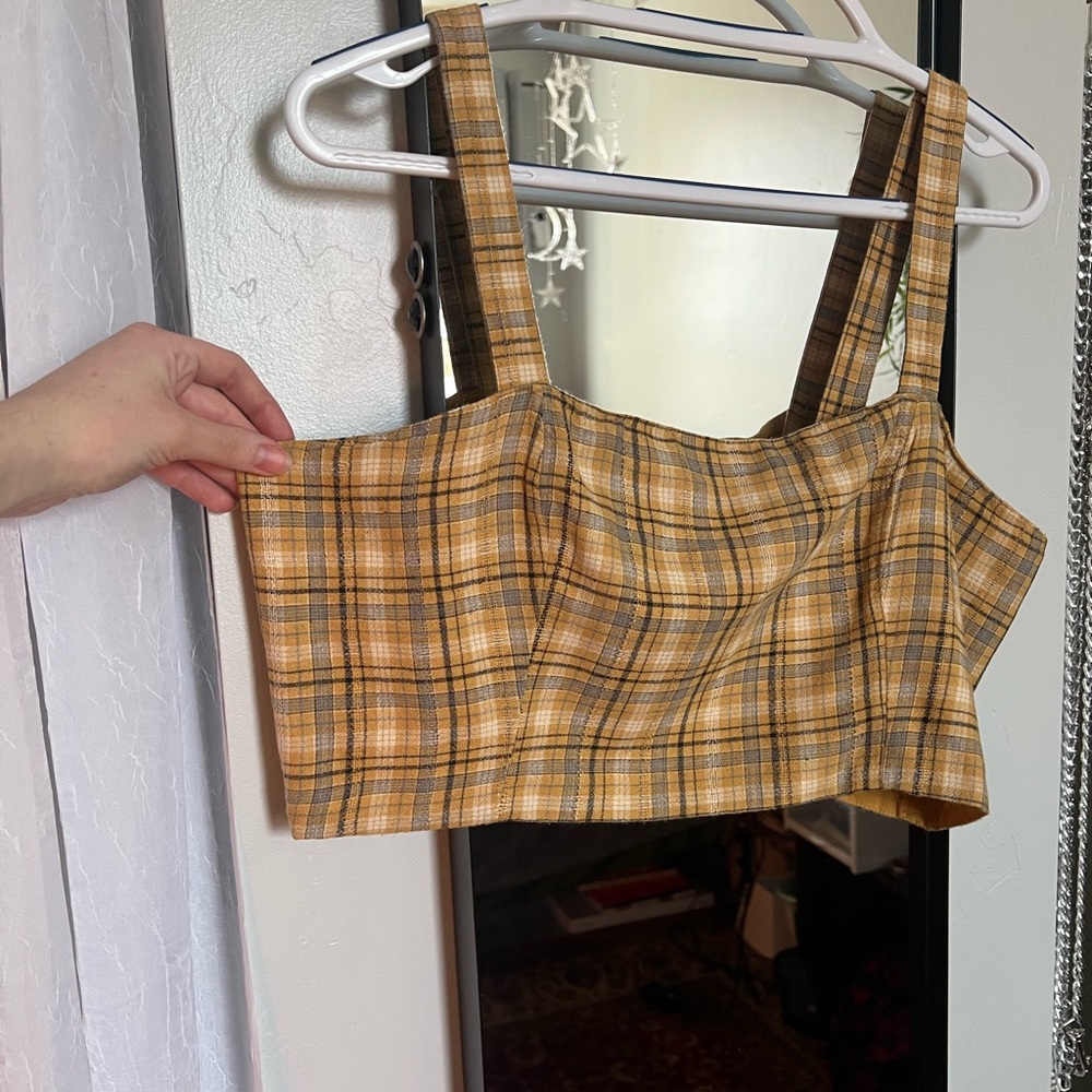 American Eagle Outfitters Mustard Plaid Square-Neck Crop Top